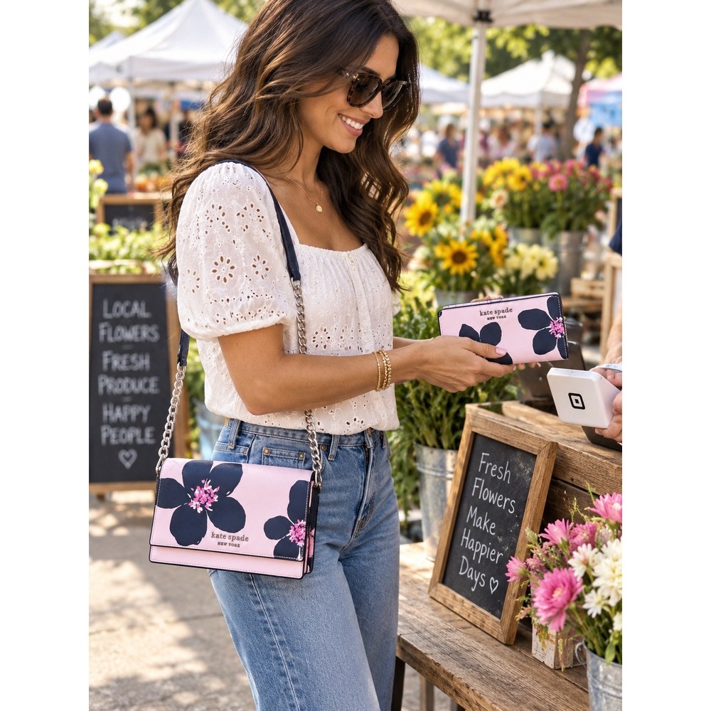 Kate Spade Cameron Grand Flora Matching Crossbody Bag Wallet Set Pink Floral EUC